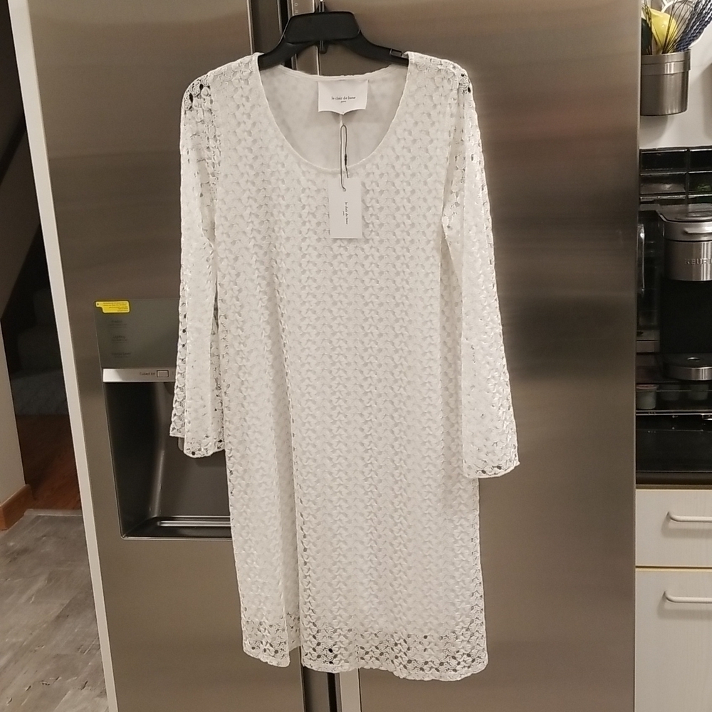 Le Clair De Lune Paris French Lace Silk Long Sleeve Dress ~ White Nwt